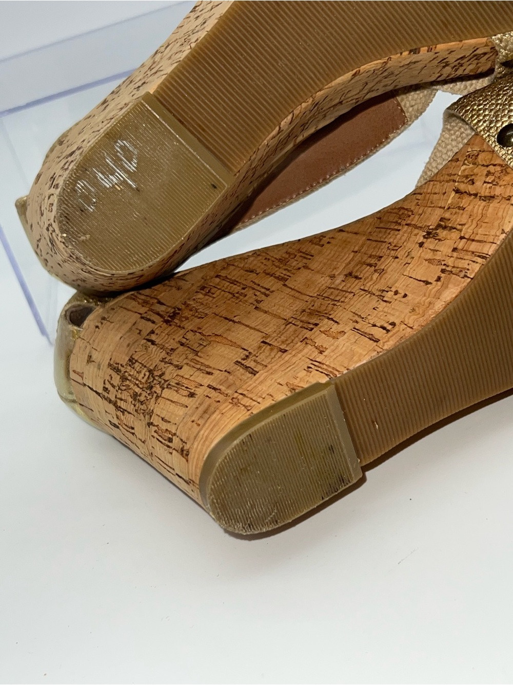 Lucky Brand Gold Metallic Canvas Upper Wedge Cork Heels Size 6.5 - Picture 8 of 12